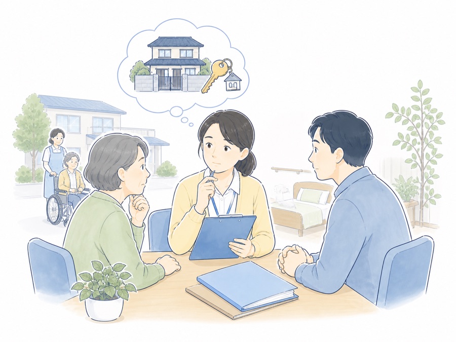 相続後の実家について家族から相談を受ける介護関係者のイラスト