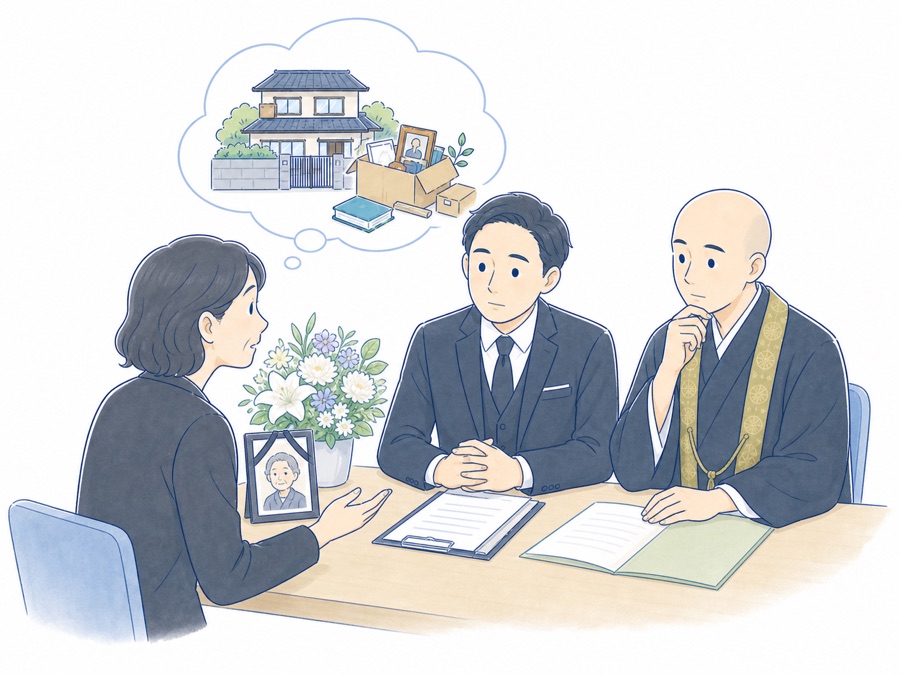 葬儀後の実家や遺品整理について相談を受ける葬儀社と寺院のイラスト