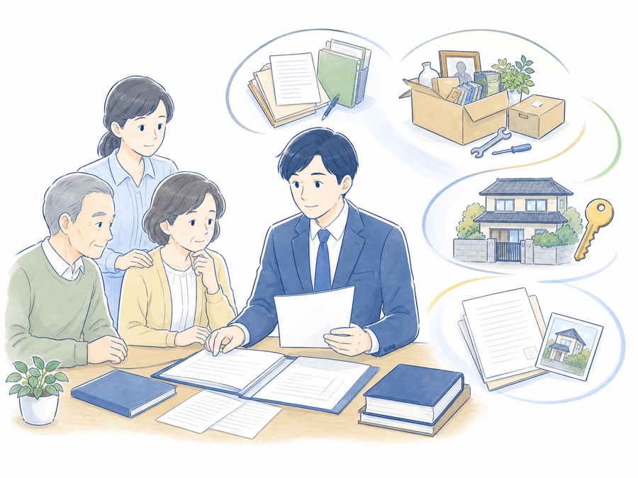 相続手続きと空き家の実務対応を支援する専門職のイラスト