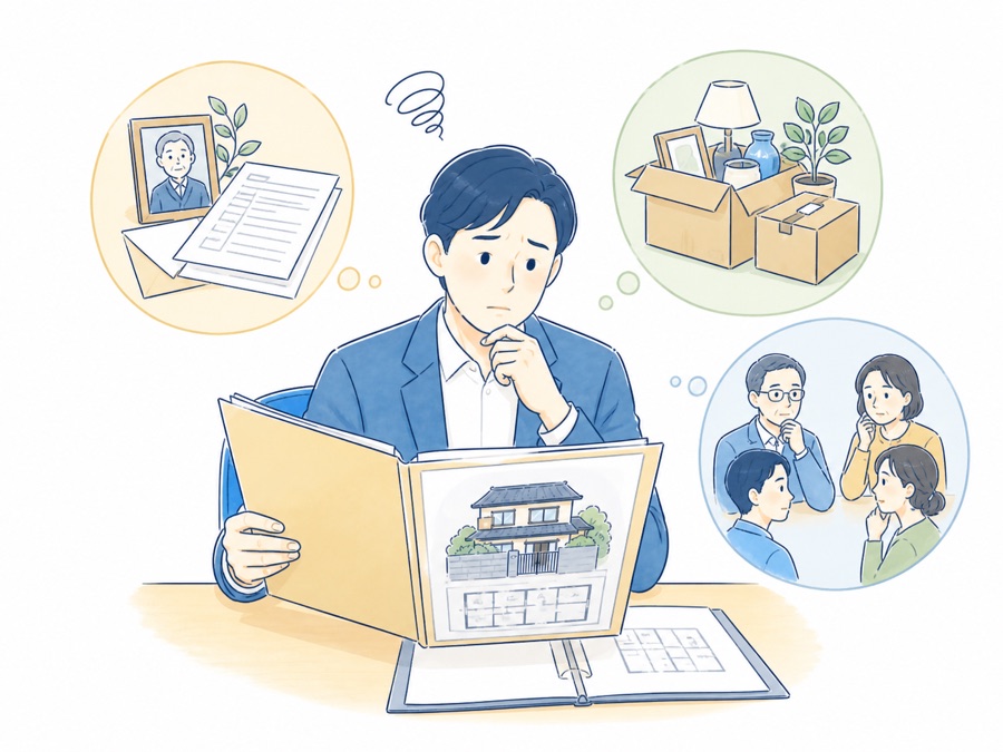 相続手続きや残置物への対応に悩む不動産事業者のイラスト